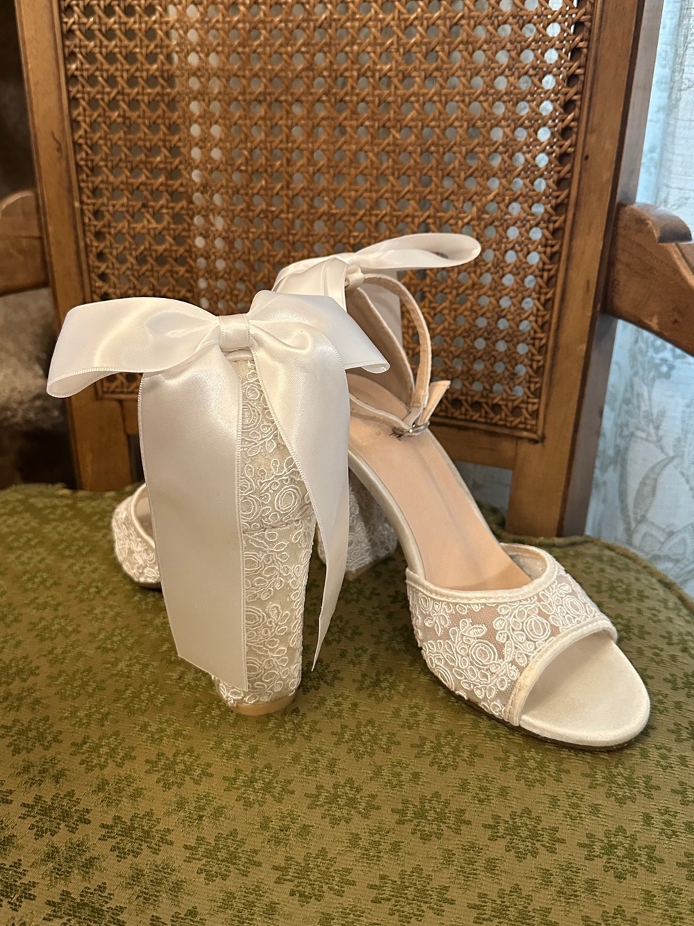 Kailee P Ivory Lace Block Heels with Satin Bow